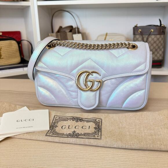 Gucci Iridescent Chevron Matelasse Small GG Marmont Iridescent Snow Light Blue - Picture 1 of 12